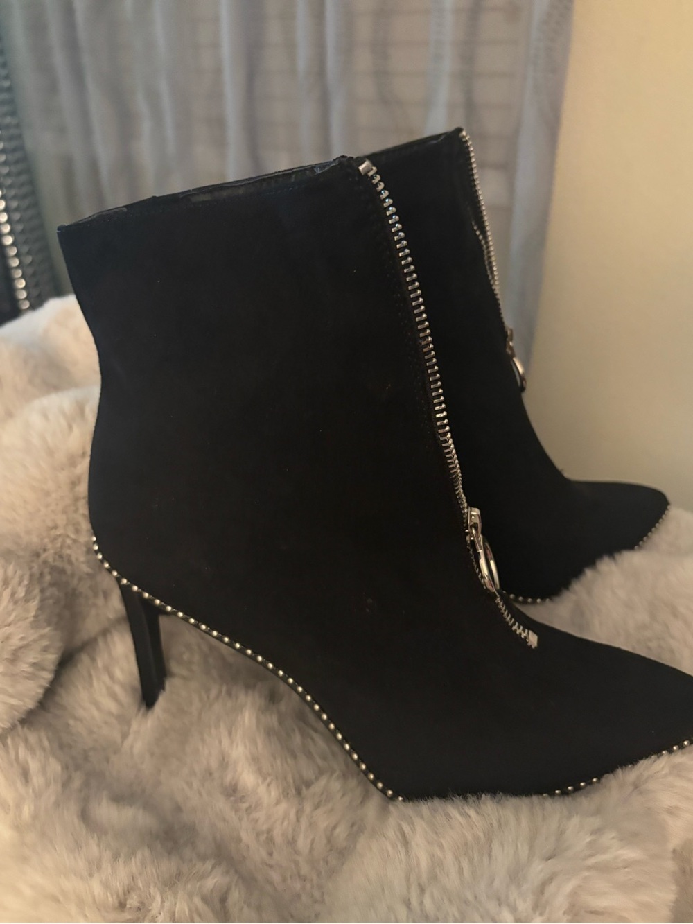 Bar III Black Suede Pointed-Toe Ankle Boots with Front Zip
